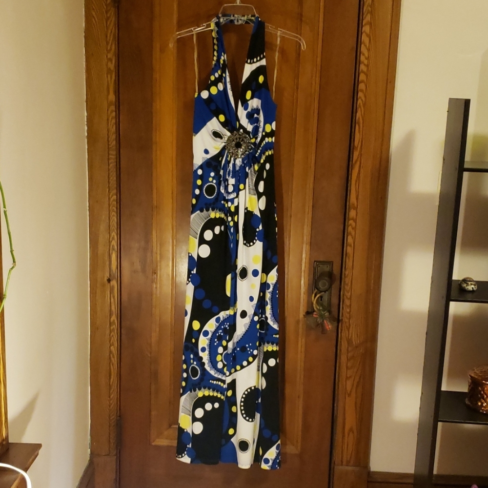 Blue, yellow, black and white stretchy dress - Picture 1 of 3